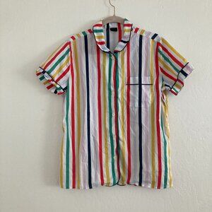 J Crew Rainbow Striped Pajama Top Short Sleeve Button Front Preppy Classic Med